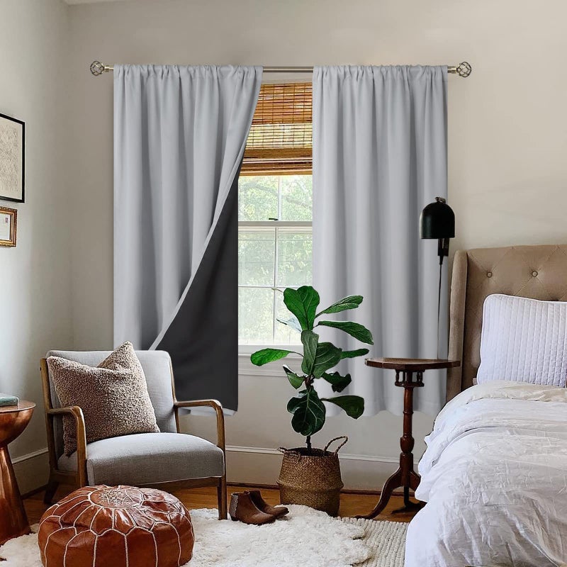 BGment Thermal Insulated 100% Blackout Curtains for Bedroom with Black Liner, Double Layer Full Room Darkening Noise Reducing Rod Pocket Curtain (52 x 63 Inch, Light Grey, 2 Panels) - Image 2